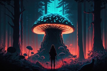 Fantasy landscape with a woman standing in the forest and mushrooms