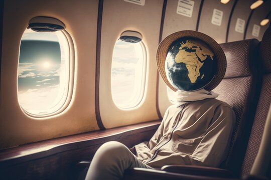 Woman in the cabin of an airplane with a globe in her hands