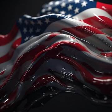  an american flag is shown in a liquid - covered image with a black background and a black background with a red, white, and blue flag.  generative ai