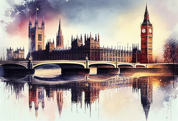 Naklejka premium Big Ben and Houses of Parliament in London, UK, reflected in the River Thames - popular tourist cities, tourism, watercolor style Generative AI
