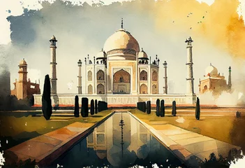 Poster Taj Mahal in Agra, India, surrounded by a serene watercolor landscape - popular tourist cities, tourism, watercolor style Generative AI © Катерина Євтехова