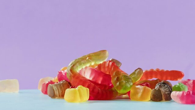 Jelly marmalade bear close up, Confiture Bean candy jujube Marmalade bears with cod cannabis close up. 