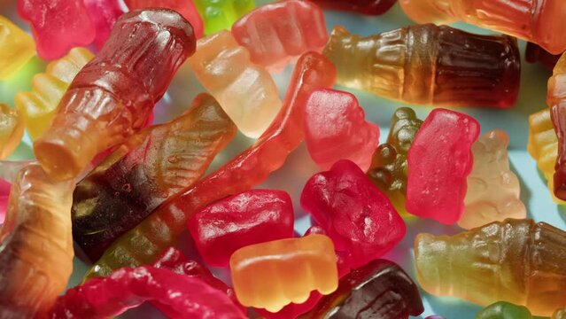 Jelly marmalade bear close up, Confiture Bean candy jujube Marmalade bears with cod cannabis close up. 