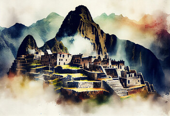 The Machu Picchu citadel in Peru, surrounded by misty watercolor mountains and terraces - popular tourist cities, tourism, watercolor style Generative AI