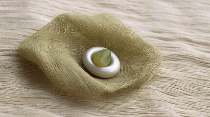  a white pearl and green pearl brooch on a beige fabric piece of cloth with a green pearl in the middle of the brooch.  generative ai