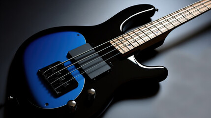 Obraz na płótnie Canvas a black and blue electric guitar with a blue pick - up on it's neck and a black neck band and a black background. generative ai