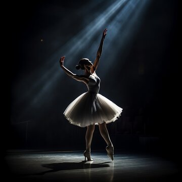 Fototapeta A ballerina dancing gracefully on stage. The dancer is wearing a tutu and pointe shoes, and her movements are fluid and effortless.