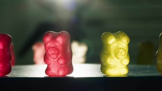 Jelly marmalade bear close up, Confiture Bean candy jujube Marmalade bears with cod cannabis close up. 