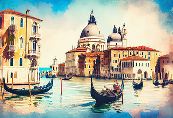 Fototapeta na wymiar The Venice Grand Canal in Italy, with its iconic gondolas and colorful waterfront buildings in a watercolor setting - popular tourist cities, tourism, watercolor style Generative AI