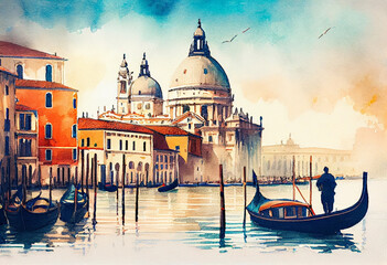 The Venice Grand Canal in Italy, with its iconic gondolas and colorful waterfront buildings in a watercolor setting - popular tourist cities, tourism, watercolor style Generative AI
