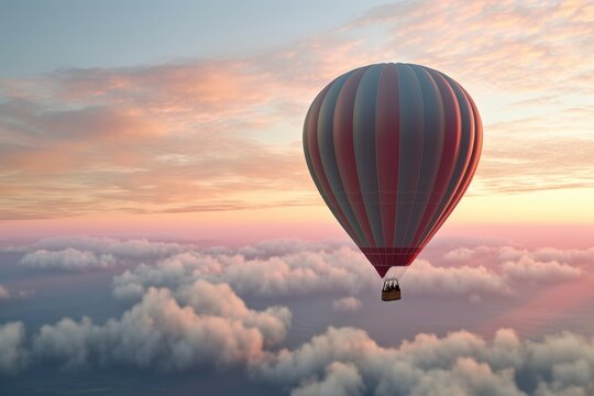 Lonely hot air balloon floating on the sky above the clouds. Generative ai