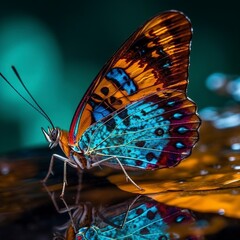 Fototapeta na wymiar A butterfly sitting on a reflective surface. Generative ai