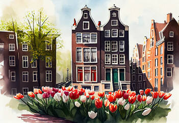 The Anne Frank House in Amsterdam, Netherlands, with a watercolor cityscape and blooming tulips in the foreground - popular tourist cities, tourism, watercolor style Generative AI