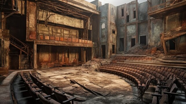A post-apocalyptic ruined theater. The concept of the apocalypse. Generative AI © kaznadey