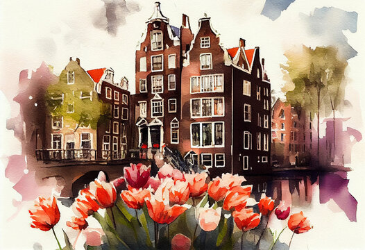 The Anne Frank House in Amsterdam, Netherlands, with a watercolor cityscape and blooming tulips in the foreground - popular tourist cities, tourism, watercolor style Generative AI