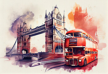 The Tower Bridge in London, UK, with a watercolor city skyline and a red double-decker bus in the foreground - popular tourist cities, tourism, watercolor style Generative AI