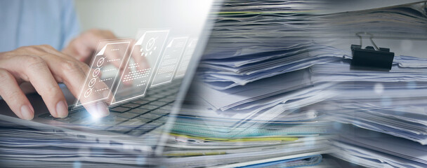 Document Management System (DMS): Businessman digitizes stacks of papers to go paperless. Enterprise Resource Planning (ERP), E-document management, online documentation database, digital file storage - obrazy, fototapety, plakaty