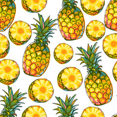 Seamless pattern with pineapple fruits. A whole pomegranate with leaves and half a fruit. Bright colorful fruits on a white background. Hand drawn in sketch style with black outline. Cartoon. Vector.