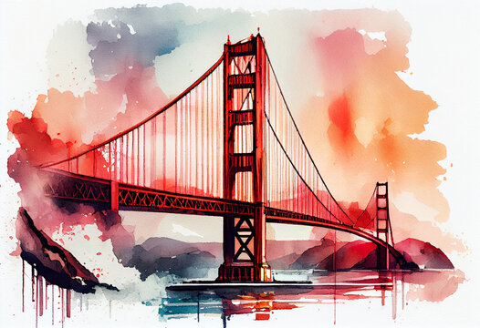 The Golden Gate Bridge in San Francisco, USA, with its iconic red color and watercolor cityscape in the backdrop - popular tourist cities, tourism, watercolor style Generative AI