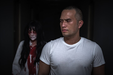 Portrait of asian woman make up ghost,Scary horror scene for background,Halloween festival...