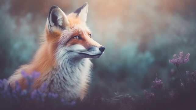  a red fox with blue eyes sitting in a field of purple wildflowers in the sunlight with a blurry background of grass and flowers.  generative ai