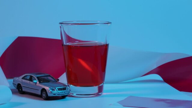 Mini car accident. Alcohol and a toy car on a light background. Drunk driving warning.