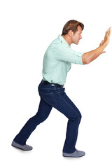 Fototapeta premium Challenge, power or businessman pushing wall with struggle isolated on transparent png background. Stressed male entrepreneur walking to push heavy obstacle or invisible trouble with physical effort