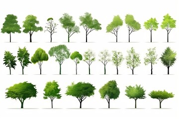 Collection of abstract green tree side view isolated on white background. generative ai