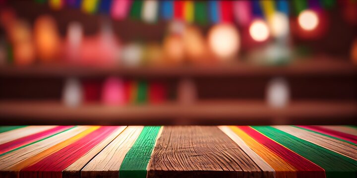 Image of wooden table in front and abstract blurred bright cinco de mayo background. Generative Ai.