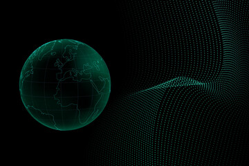 Dark Space 3D Render of Earth, Galaxy and Neon Network. Futuristic Science Fiction Concept for International Air Travel and Web Connectivity. Vector Illustration of World Map and Technology