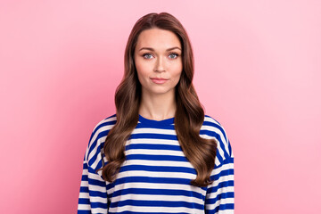 Photo of gorgeous pretty nice woman with wavy hairdo dressed striped shirt smiling look at camera isolated on pink color background