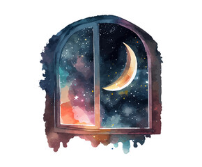 Watercolor composition view from the window night with a month. Night starry sky. Fairy window. Ideal for postcard, advertisement, book, poster, banner. Vector illustration