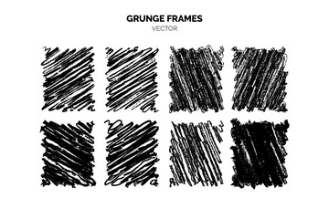 Hand-drawn grunge vector brush stroke set featuring various black and white rectangles with a rough and distressed texture. Frames Perfect for design projects needing a retro and edgy touch.
