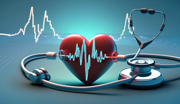 Heart and electrocardiogram on a blue and white background. Stethoscope and heart medical tools. Heart problems. Arrhythmias. Heart health wellness concept. AI generative. Health and care of people.