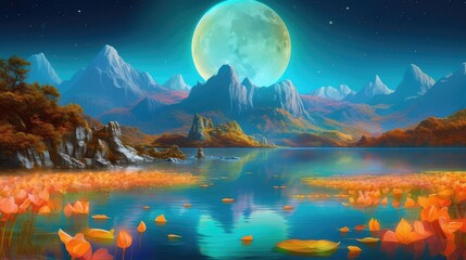 3D Abstract World, neon spring fields full of flowers and birds Vector illustration, mountains and flowering meadows and magical creatures in the background, epi