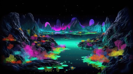 Fototapeta na wymiar 3D Abstract World, neon spring fields full of flowers and birds Vector illustration, mountains and flowering meadows and magical creatures in the background, epi