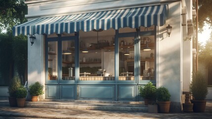 Illustration morning scene of cafe with striped. Al generated - obrazy, fototapety, plakaty