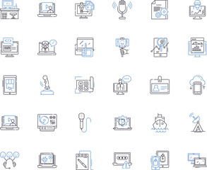 Technology sector line icons collection. Innovation, Digitalization, Automation, Cybersecurity, Big data, Cloud computing, Artificial intelligence vector and linear illustration. Robotics,Internet of