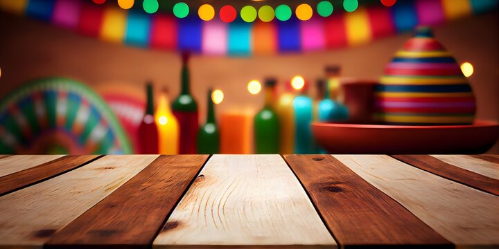 Image of wooden table in front and abstract blurred bright cinco de mayo background. Generative Ai.