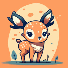 Cute kawaii fawn deer calf in a magical forest, Flat vector illustration for kids