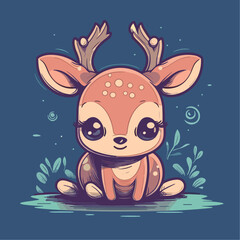 Cute kawaii fawn deer calf in a magical forest, Flat vector illustration for kids