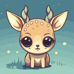Cute kawaii fawn deer calf in a magical forest, Flat vector illustration for kids