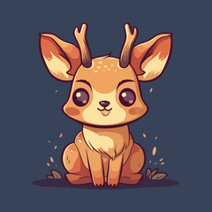 Cute kawaii fawn deer calf in a magical forest, Flat vector illustration for kids