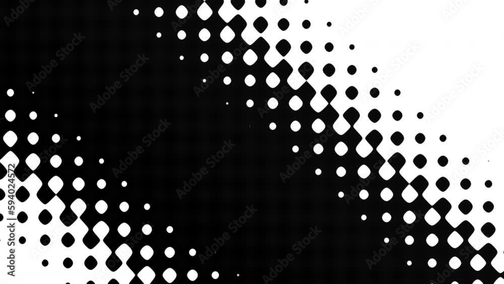 Poster transform geometric background. black and white colors mixing. halftone pattern. seamless 4k looping