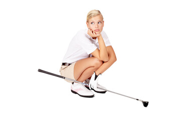 Golf, woman thinking or bored face with club for sports activity or kneeling thoughtful. Athlete...