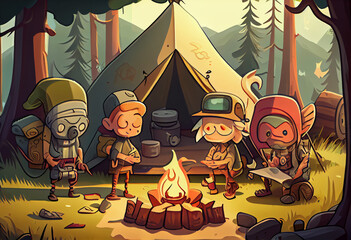 Illustration in cartoon style. camping; tourist tent; bonfire. Tourism concept. AI generated.