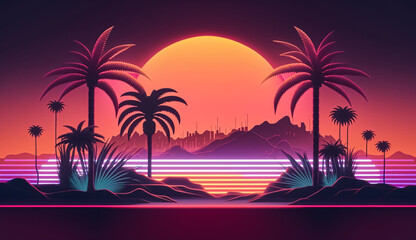 The 80s, retro sunset with palm trees landscape created with generative AI