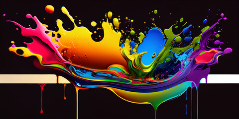 Explosion of colored paints on a black background. Colorful rainbow; color splash palette. AI generated.