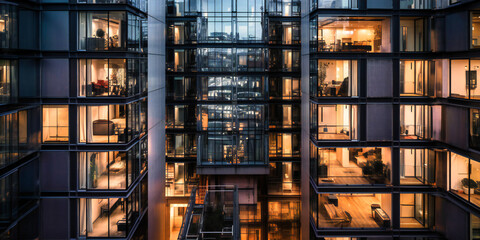 view from an apartment block of tall glass doors - obrazy, fototapety, plakaty