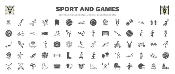 set of sport and games filled icons. sport and games glyph icons such as waterpolo, ice skating man, skating, exercise ball, man sprinting, gym weight, saber, golden medal, sprained ankle vector.